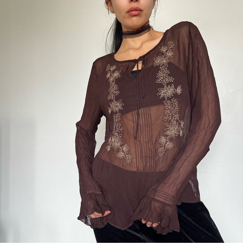 Caslon Brown Asymmetrical Blouse with Embellished Details